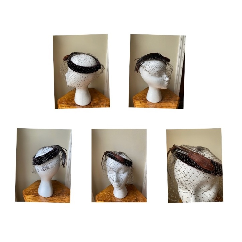 Vintage 1930s Formal Hat velvet feathers with Veil Headband with Made in the USA